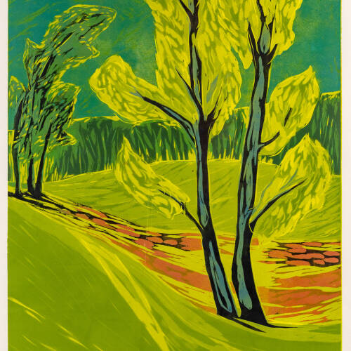 Landscape scene in green and yellow. Large tree in foreground along path.